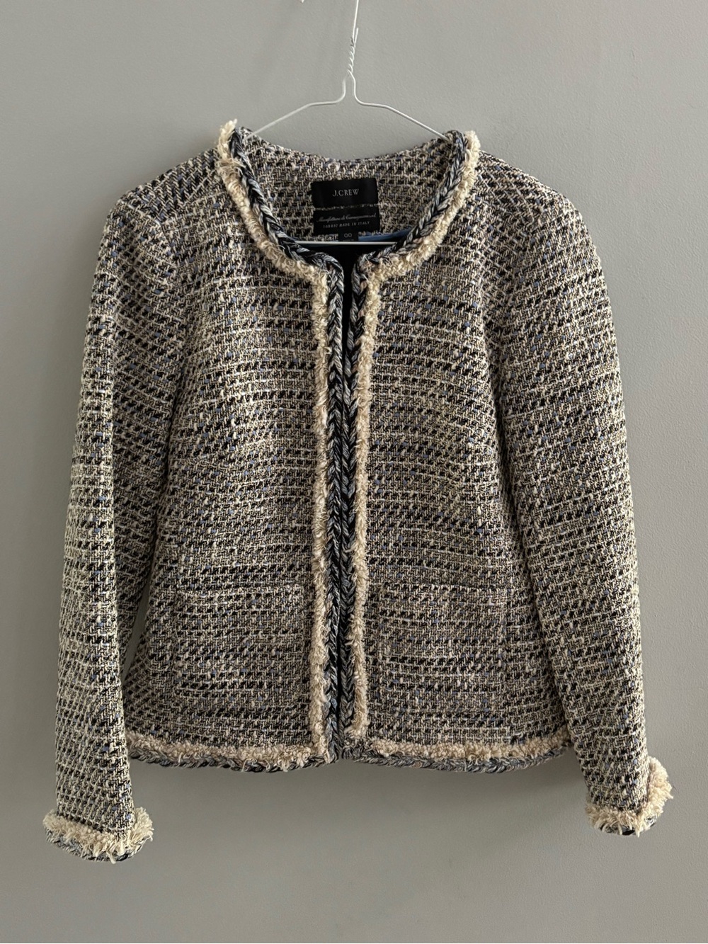 J.Crew Italian Tweed Braided Fringe Trim Jacket Blazer Carmignano Speckled 00